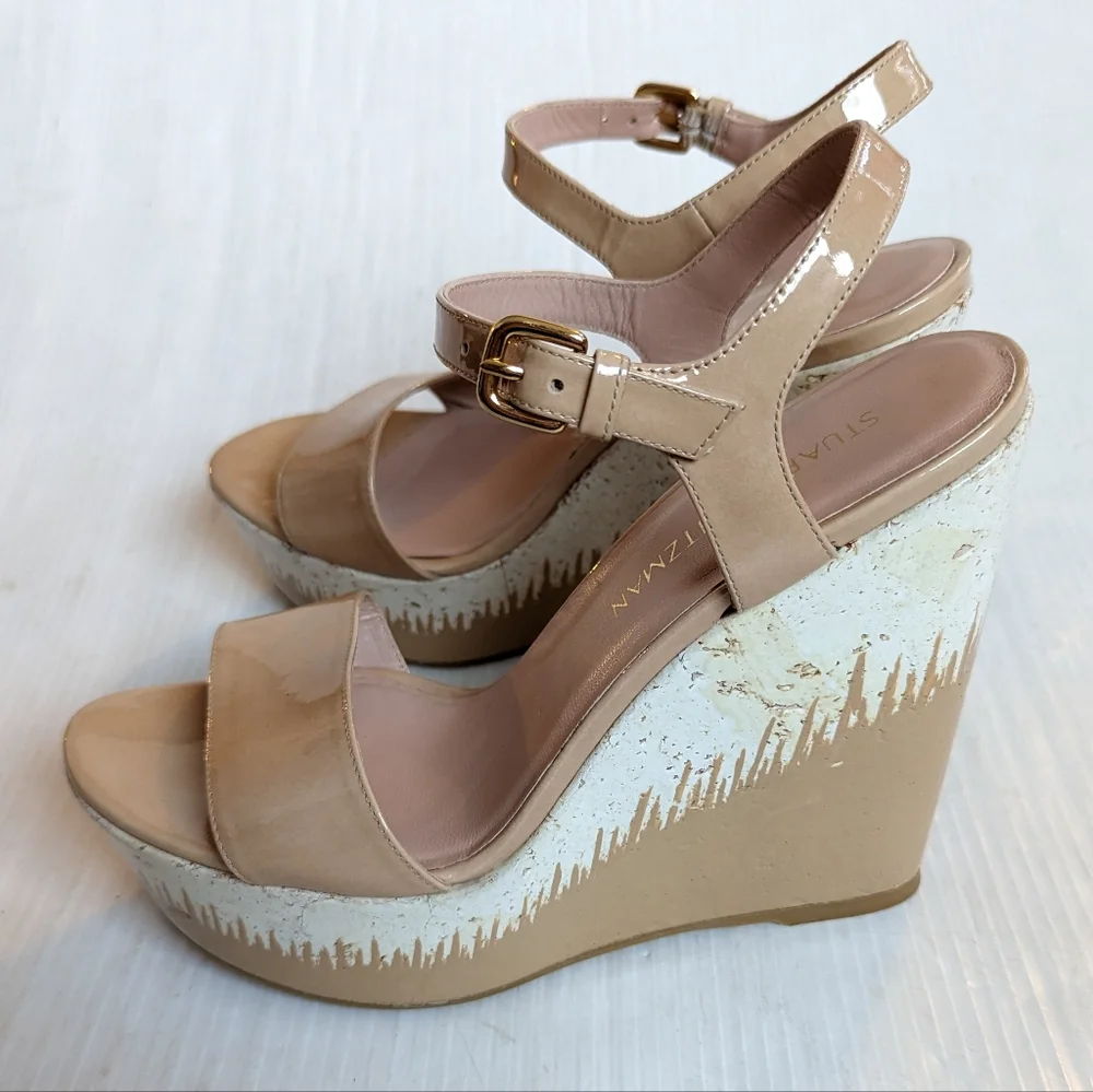 STUART WEITZMAN Bambina Aniline Single Sky patent leather platform wedge sandals